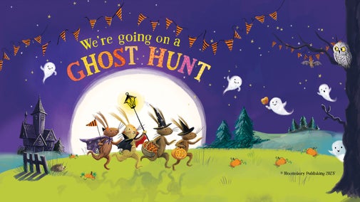 An illustration of four bunnies running in front of the moon for the We're Going on a Ghost Hunt ™ this Halloween family October half term trail